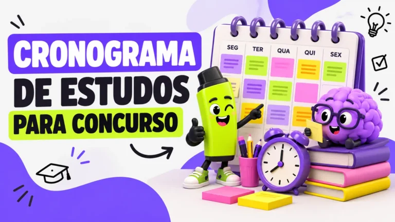 Cronograma de estudos para concurso com calendário semanal e mascotes da Eu Sou a Concurseira